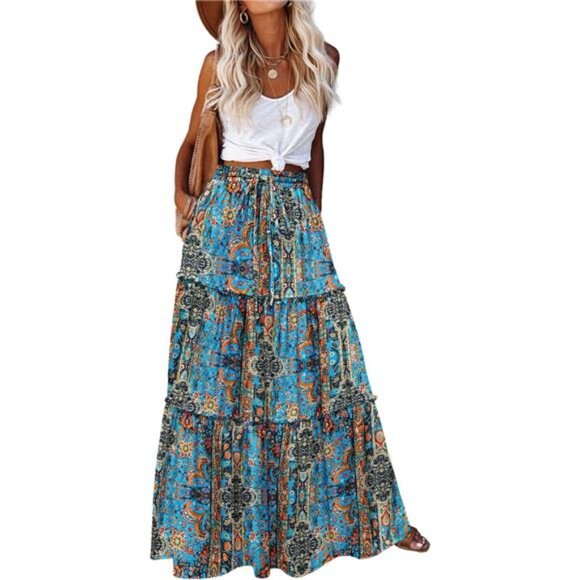 Womens Maxi Skirts, Flowy Skirt with Pockets Blue mix - Picture 1 of 5